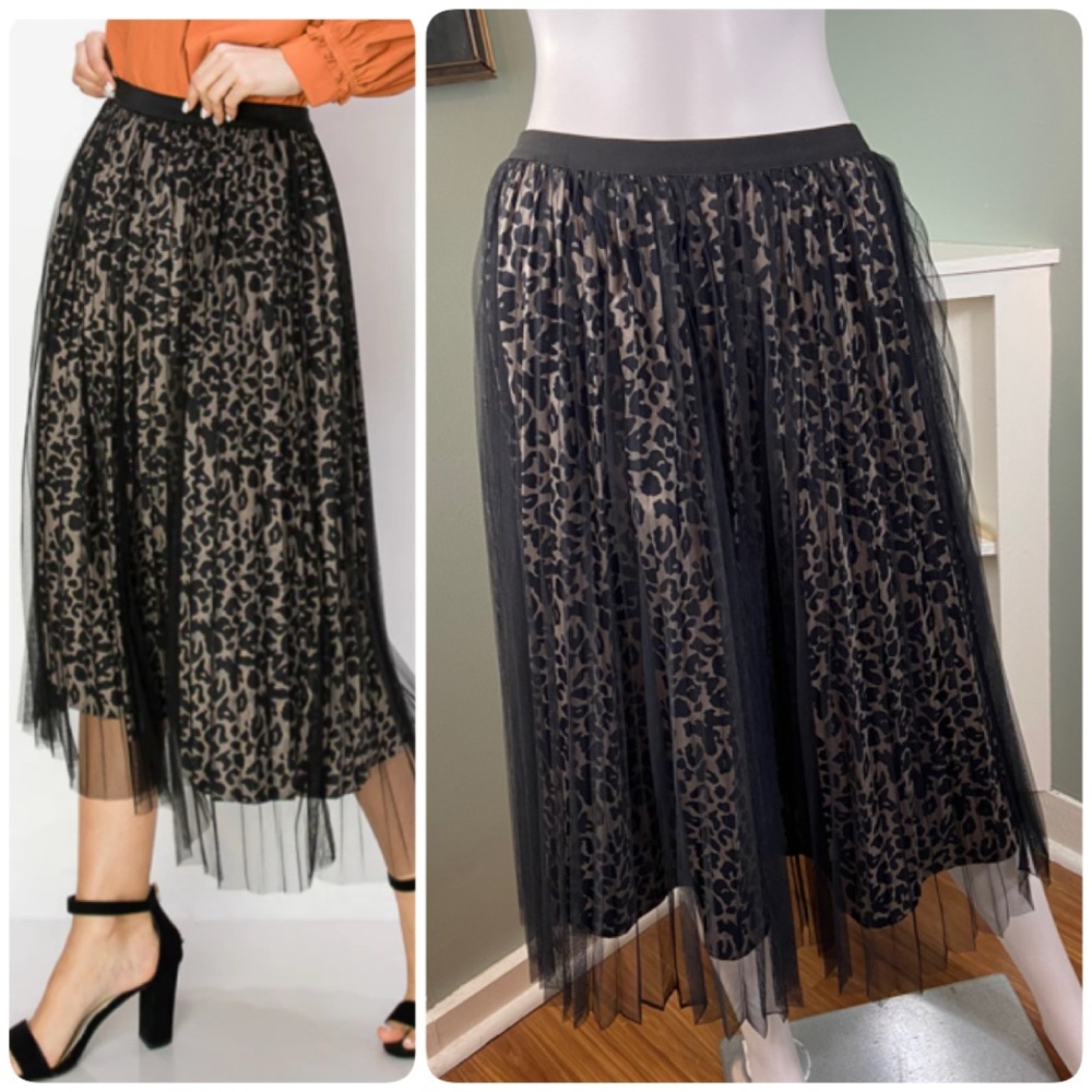 NWT New Joh WINNAI CHIFFON PLEATED SKIRT Leopard Mesh Midi Skirt L Sheer Tulle